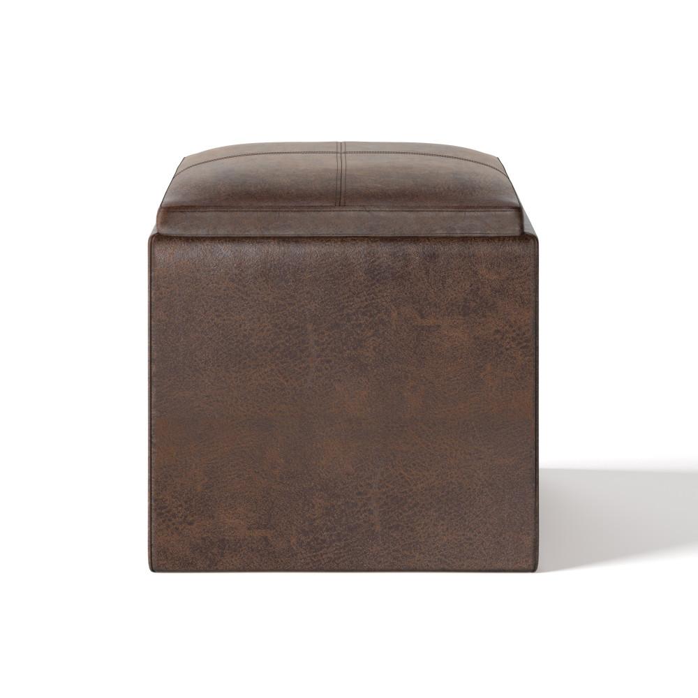 Distressed Chestnut Brown Distressed Vegan Leather | Rockwood Vegan Leather Cube Storage Ottoman with Tray