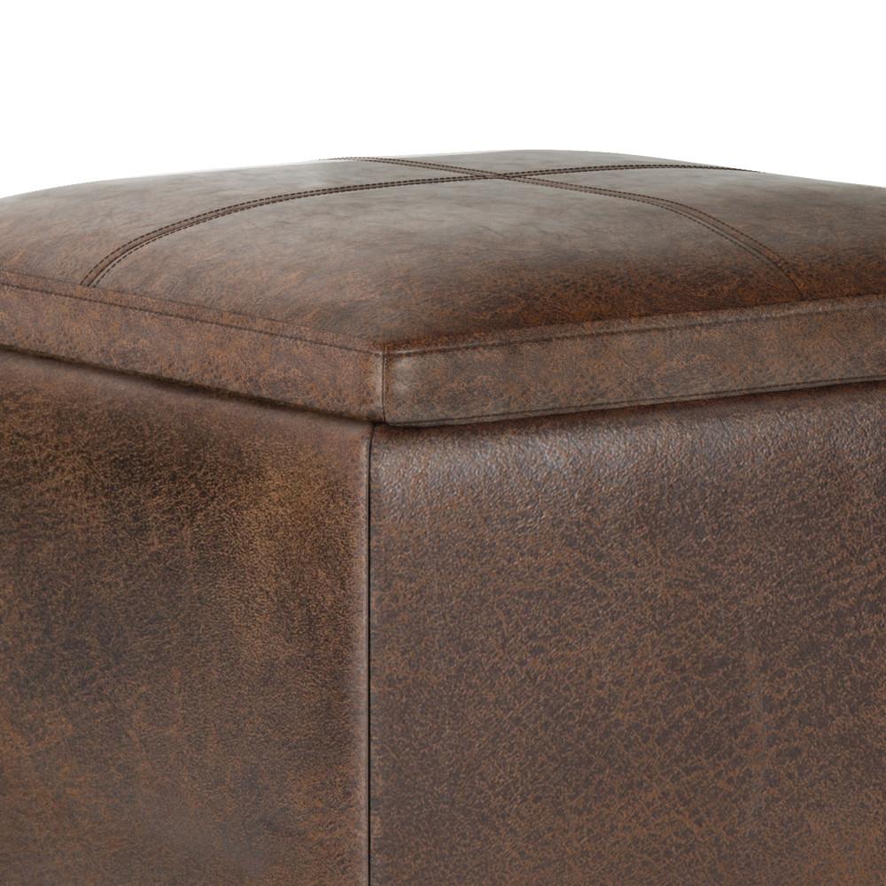 Distressed Chestnut Brown Distressed Vegan Leather | Rockwood Vegan Leather Cube Storage Ottoman with Tray