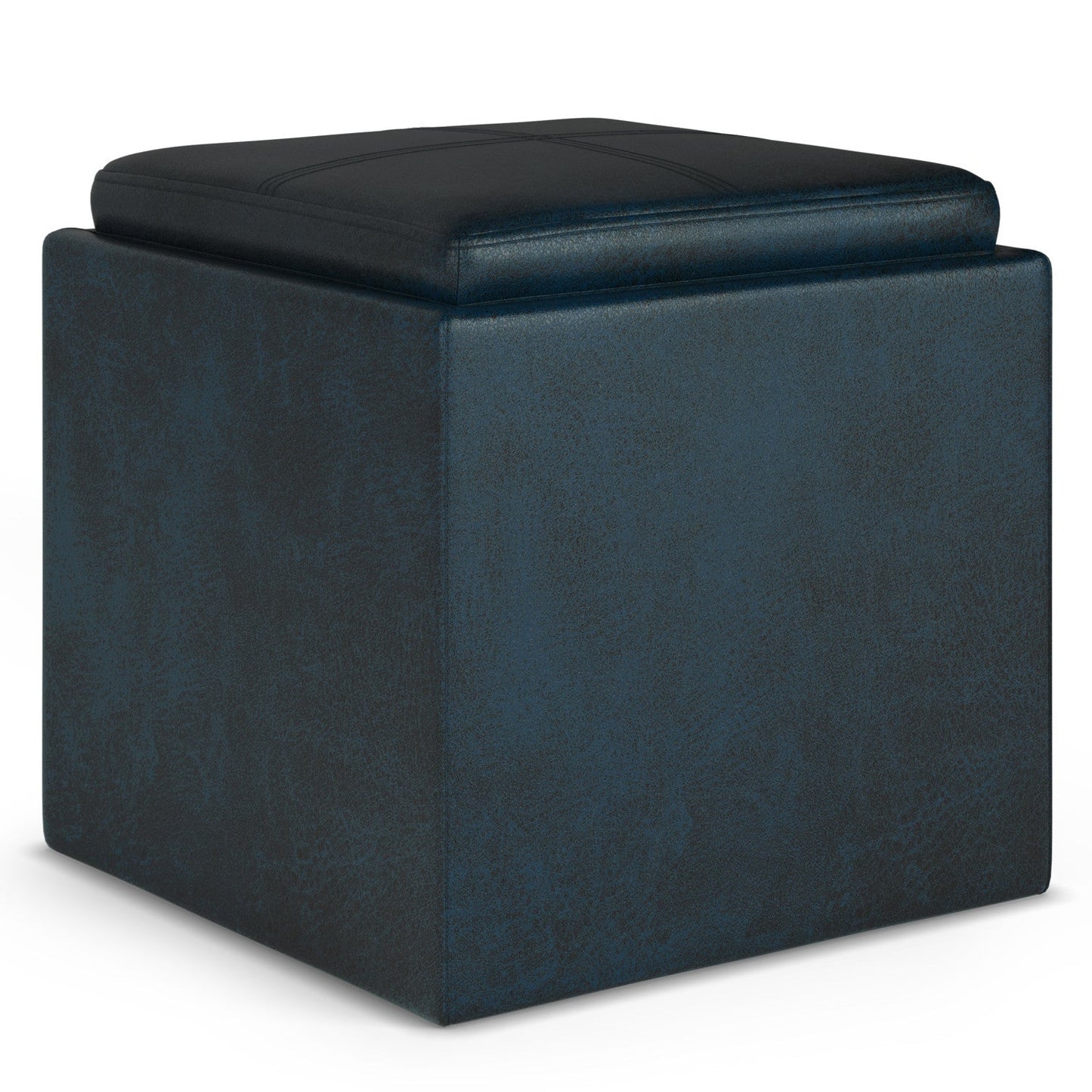 Distressed Dark Blue Distressed Vegan Leather | Rockwood Vegan Leather Cube Storage Ottoman with Tray