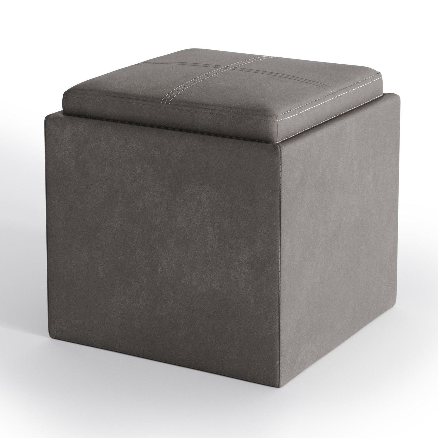 Distressed Slate Grey Distressed Vegan Leather | Rockwood Vegan Leather Cube Storage Ottoman with Tray