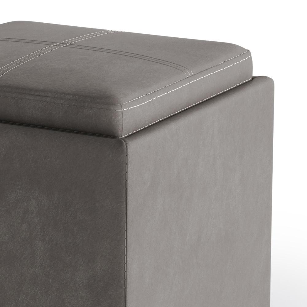 Distressed Slate Grey Distressed Vegan Leather | Rockwood Vegan Leather Cube Storage Ottoman with Tray