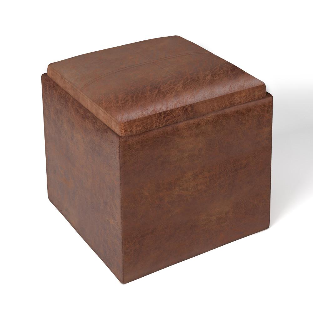 Distressed Saddle Brown Distressed Vegan Leather | Rockwood Vegan Leather Cube Storage Ottoman with Tray