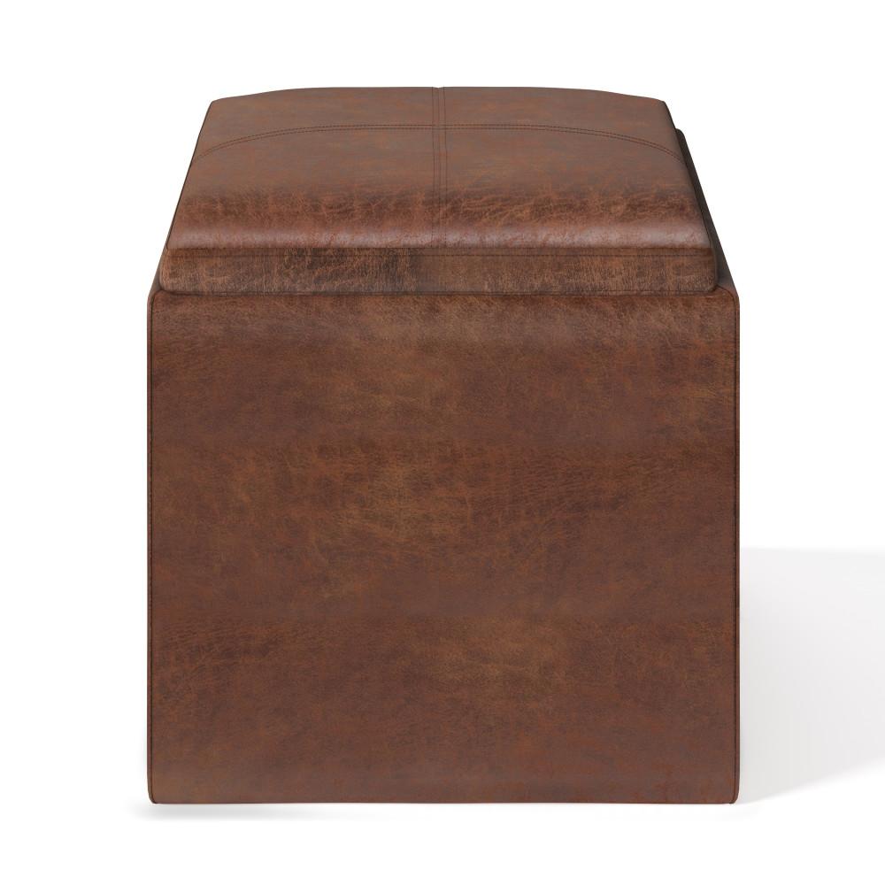 Distressed Saddle Brown Distressed Vegan Leather | Rockwood Vegan Leather Cube Storage Ottoman with Tray