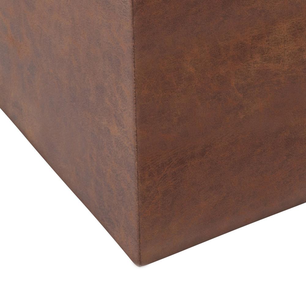 Distressed Saddle Brown Distressed Vegan Leather | Rockwood Vegan Leather Cube Storage Ottoman with Tray