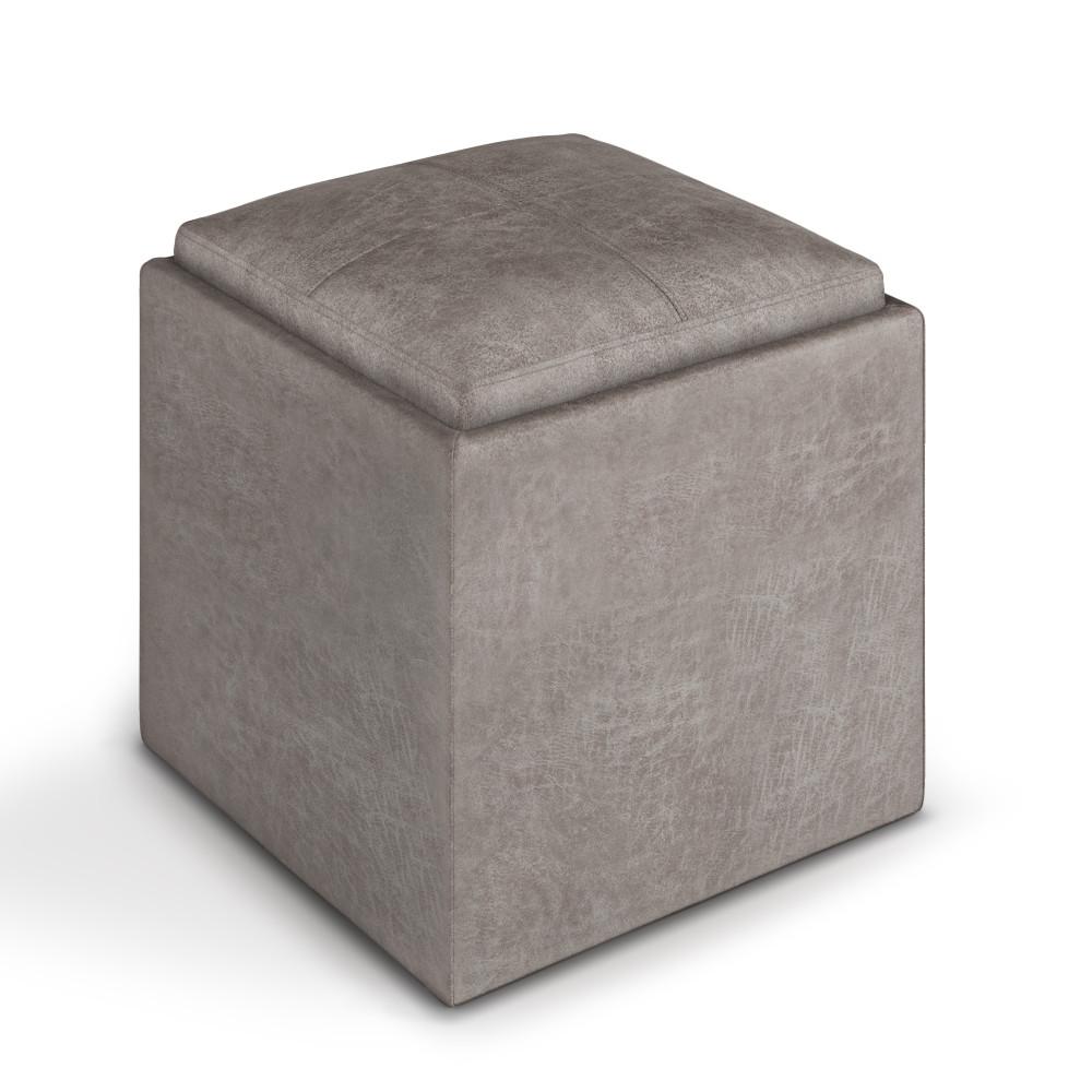 Distressed Grey Taupe Distressed Vegan Leather | Rockwood Vegan Leather Cube Storage Ottoman with Tray