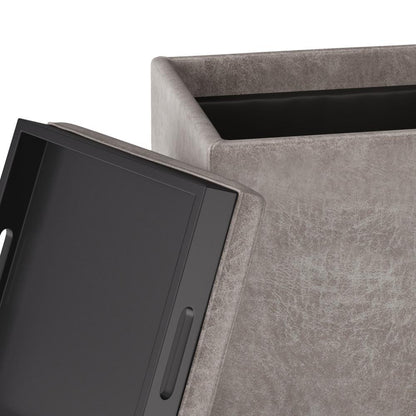 Distressed Grey Taupe Distressed Vegan Leather | Rockwood Vegan Leather Cube Storage Ottoman with Tray