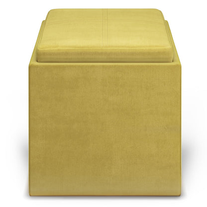 Dijon Yellow Velvet Fabric | Rockwood Vegan Leather Cube Storage Ottoman with Tray