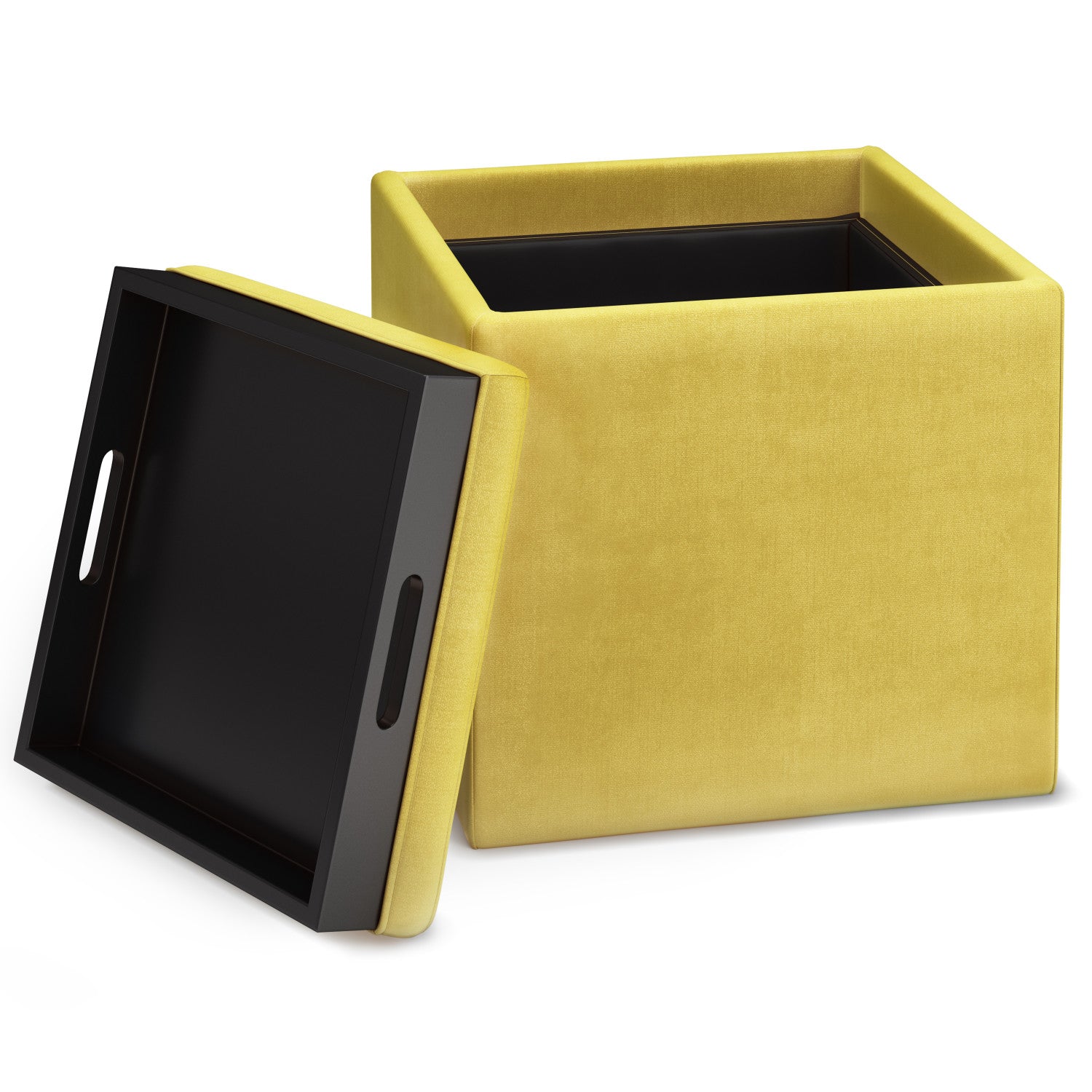 Dijon Yellow Velvet Fabric | Rockwood Vegan Leather Cube Storage Ottoman with Tray