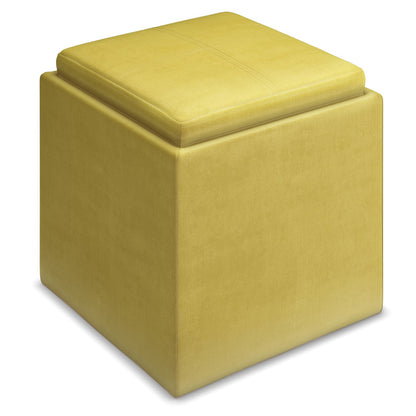 Dijon Yellow Velvet Fabric | Rockwood Vegan Leather Cube Storage Ottoman with Tray