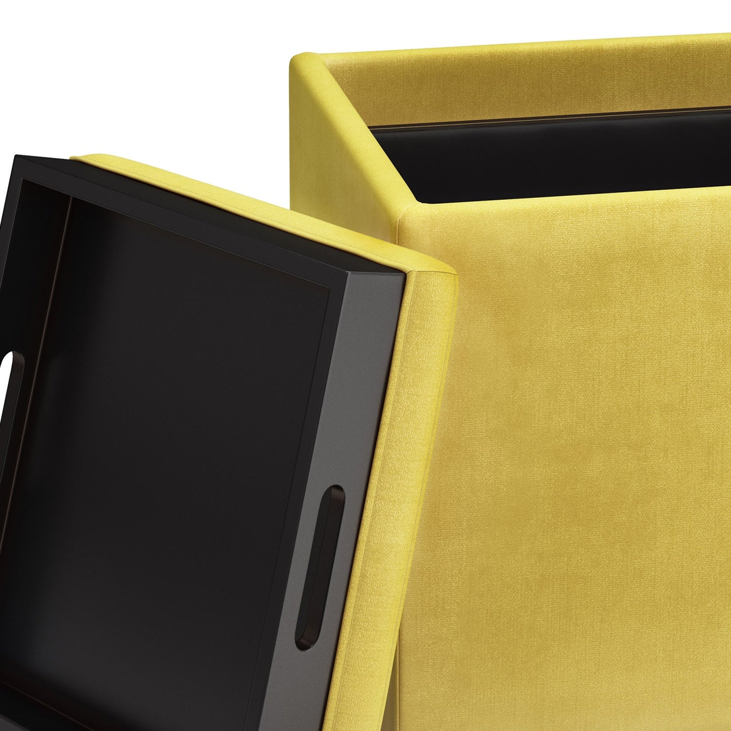 Dijon Yellow Velvet Fabric | Rockwood Vegan Leather Cube Storage Ottoman with Tray