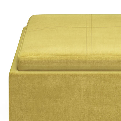 Dijon Yellow Velvet Fabric | Rockwood Vegan Leather Cube Storage Ottoman with Tray