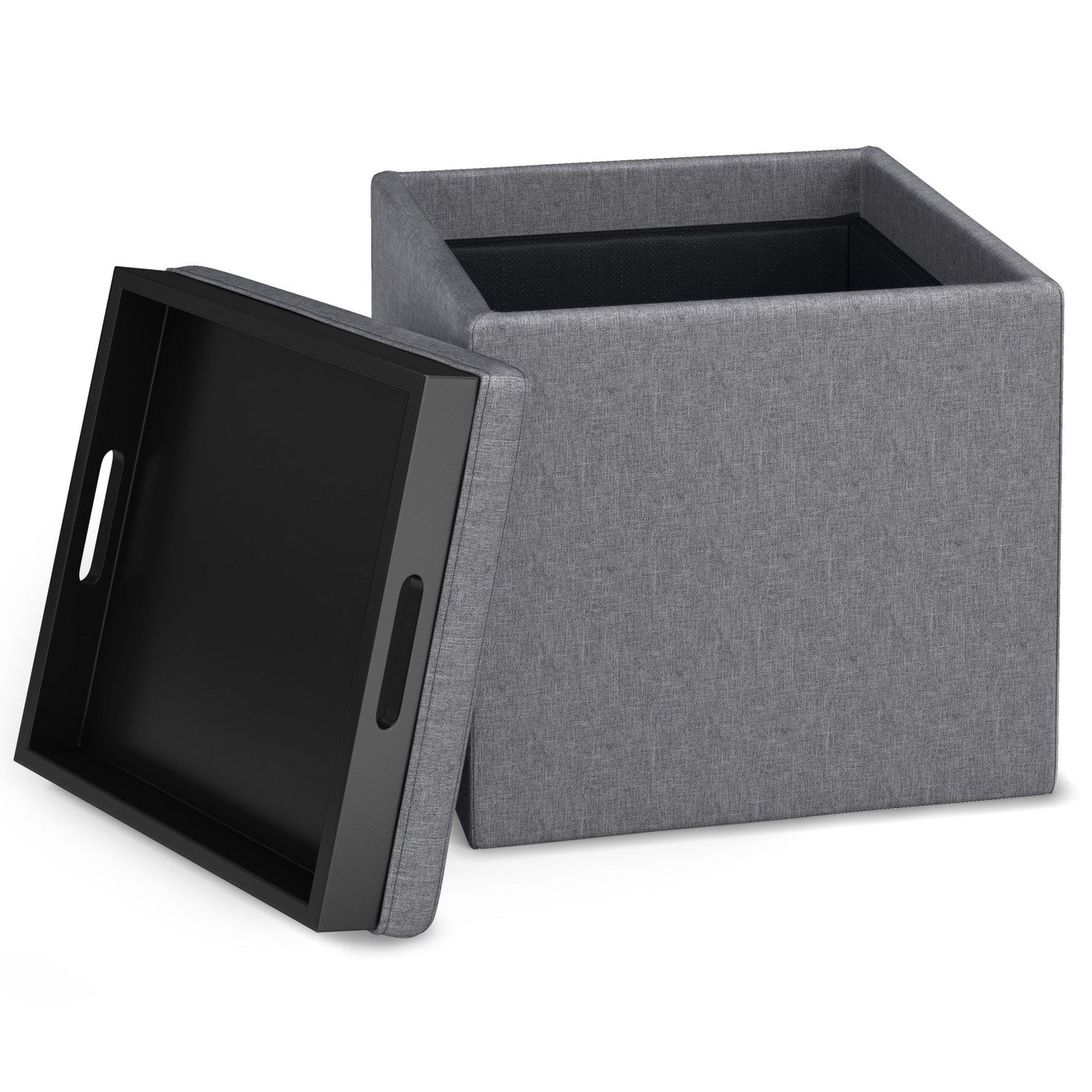 Slate Grey Linen Style Fabric | Rockwood Vegan Leather Cube Storage Ottoman with Tray