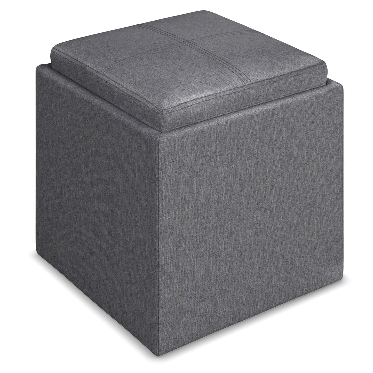 Slate Grey Linen Style Fabric | Rockwood Vegan Leather Cube Storage Ottoman with Tray