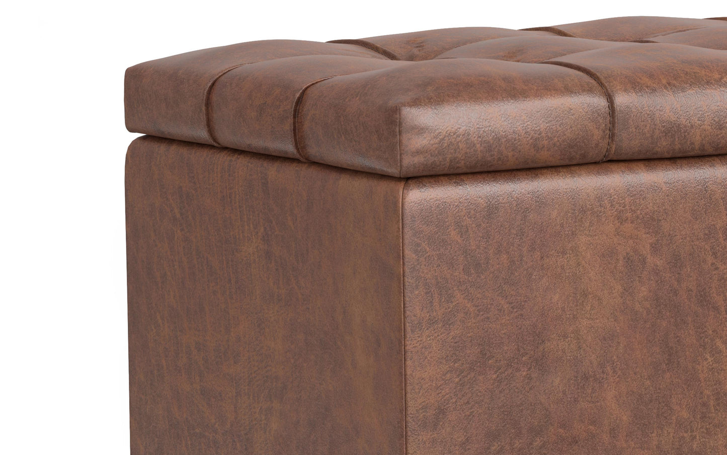 Distressed Saddle Brown Distressed Vegan Leather | Sienna Storage Ottoman Bench