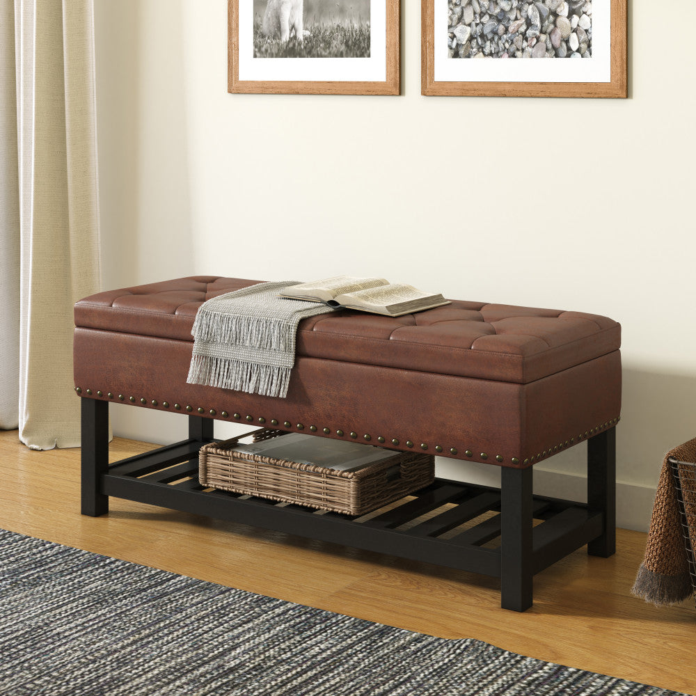 Distressed Saddle Brown Distressed Vegan Leather | Lomond Ottoman Bench in Distressed Vegan Leather