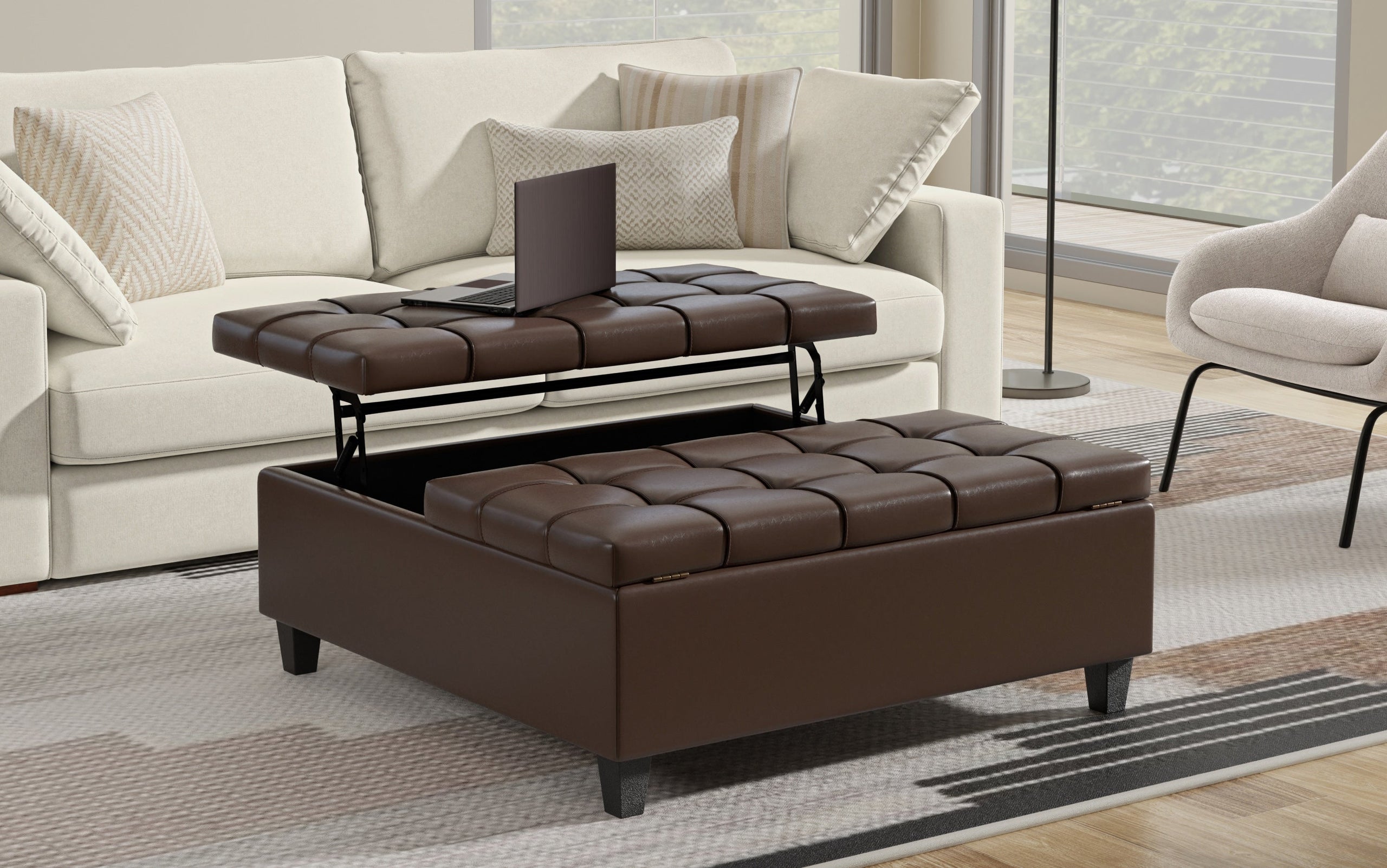 Chocolate Brown Vegan Leather| Harrison Large Square Coffee Table Storage Ottoman