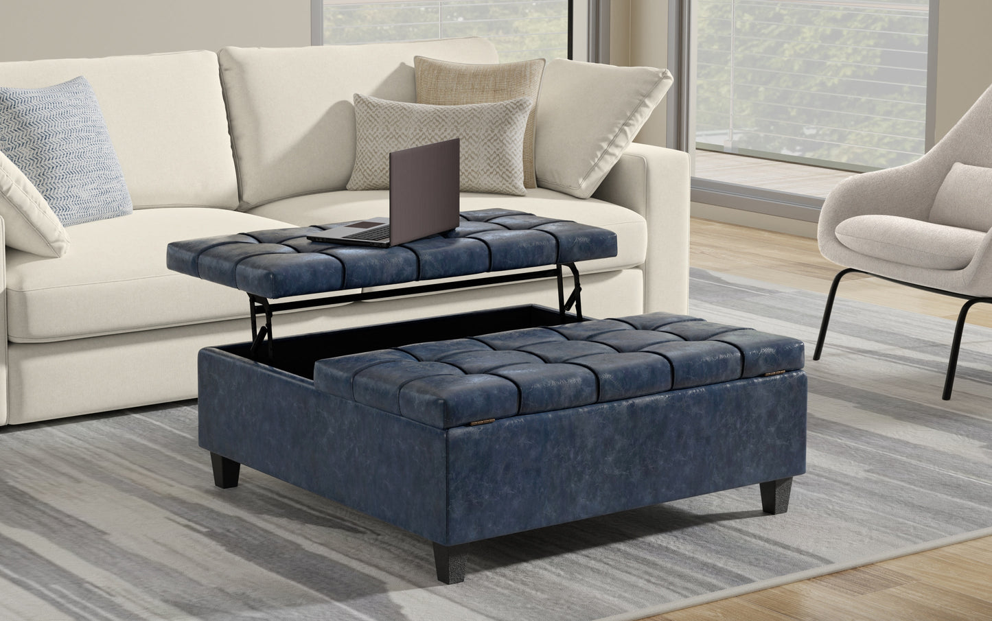 Denim Blue Vegan Leather| Harrison Large Square Coffee Table Storage Ottoman