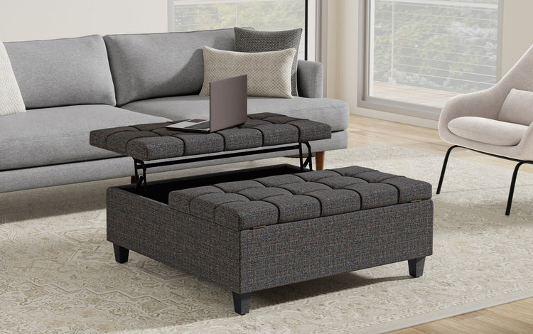 Ebony Tweed Style Fabric | Harrison Large Square Coffee Table Storage Ottoman in Linen