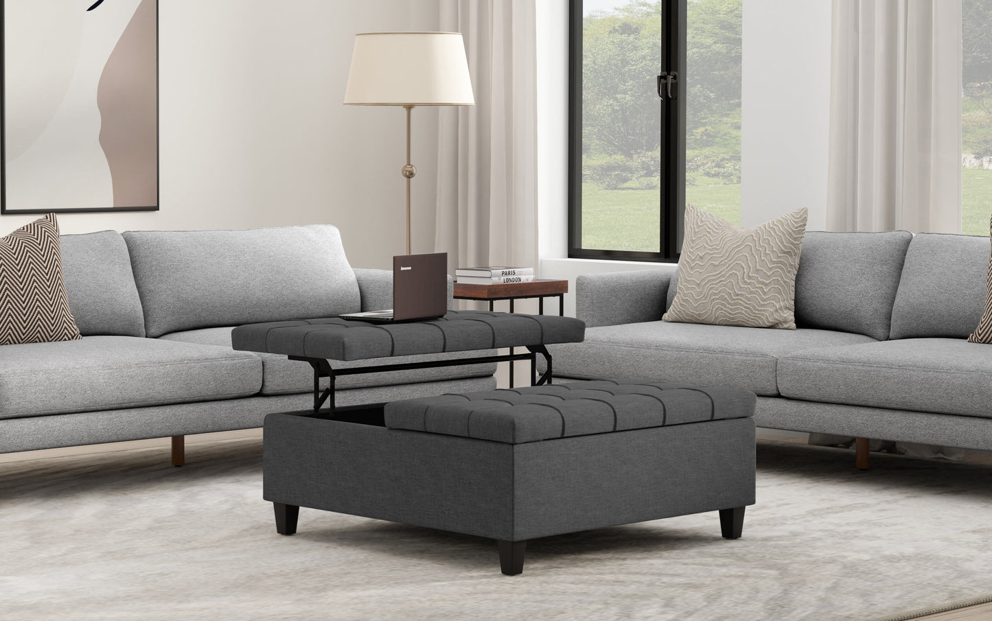 Slate Grey Linen Style Fabric | Harrison Large Square Coffee Table Storage Ottoman in Linen