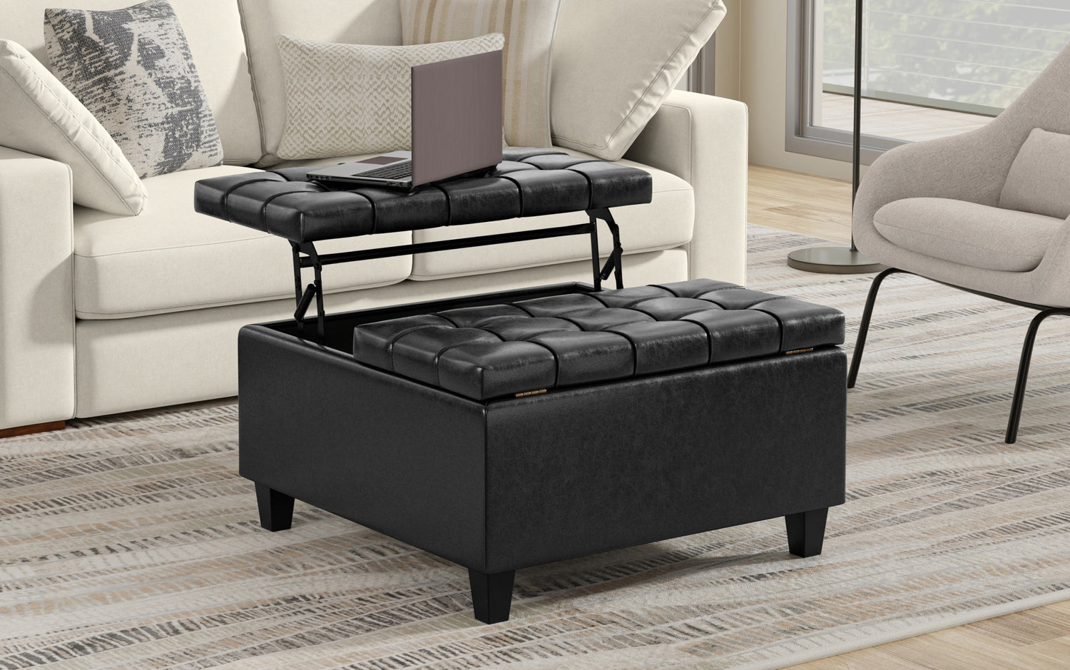 Distressed Black Distressed Vegan Leather | Harrison Small Square Coffee Table Storage Ottoman in Distressed Vegan Leather