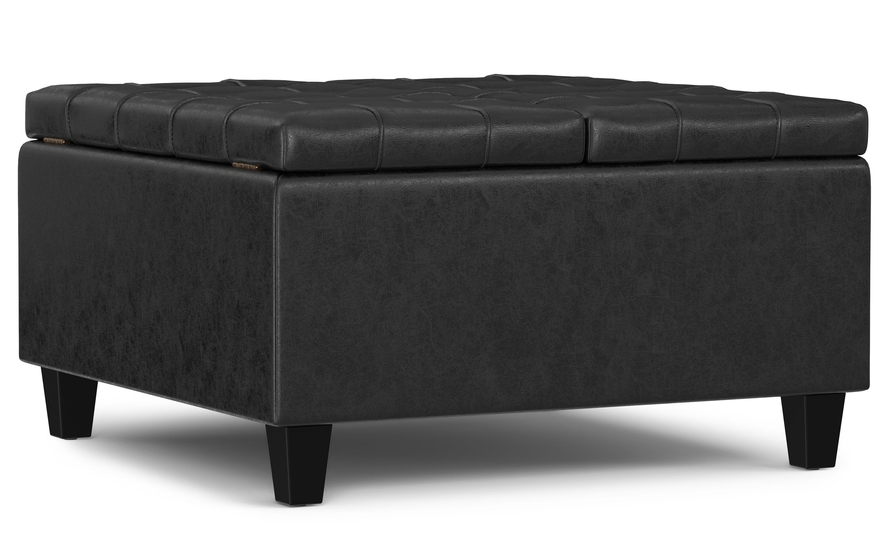 Distressed Black Distressed Vegan Leather | Harrison Small Square Coffee Table Storage Ottoman in Distressed Vegan Leather