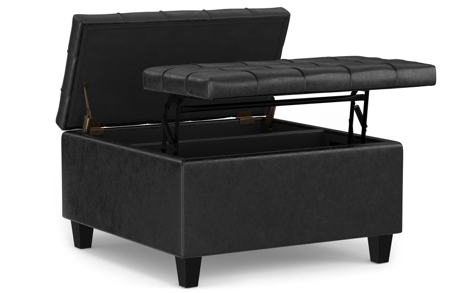 Distressed Black Distressed Vegan Leather | Harrison Small Square Coffee Table Storage Ottoman in Distressed Vegan Leather