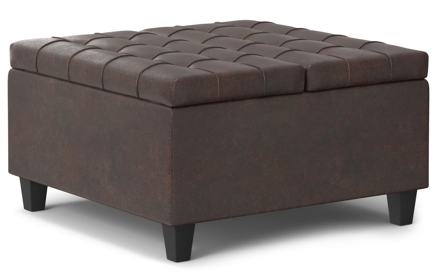 Distressed Brown Distressed Vegan Leather | Harrison Small Square Coffee Table Storage Ottoman in Distressed Vegan Leather