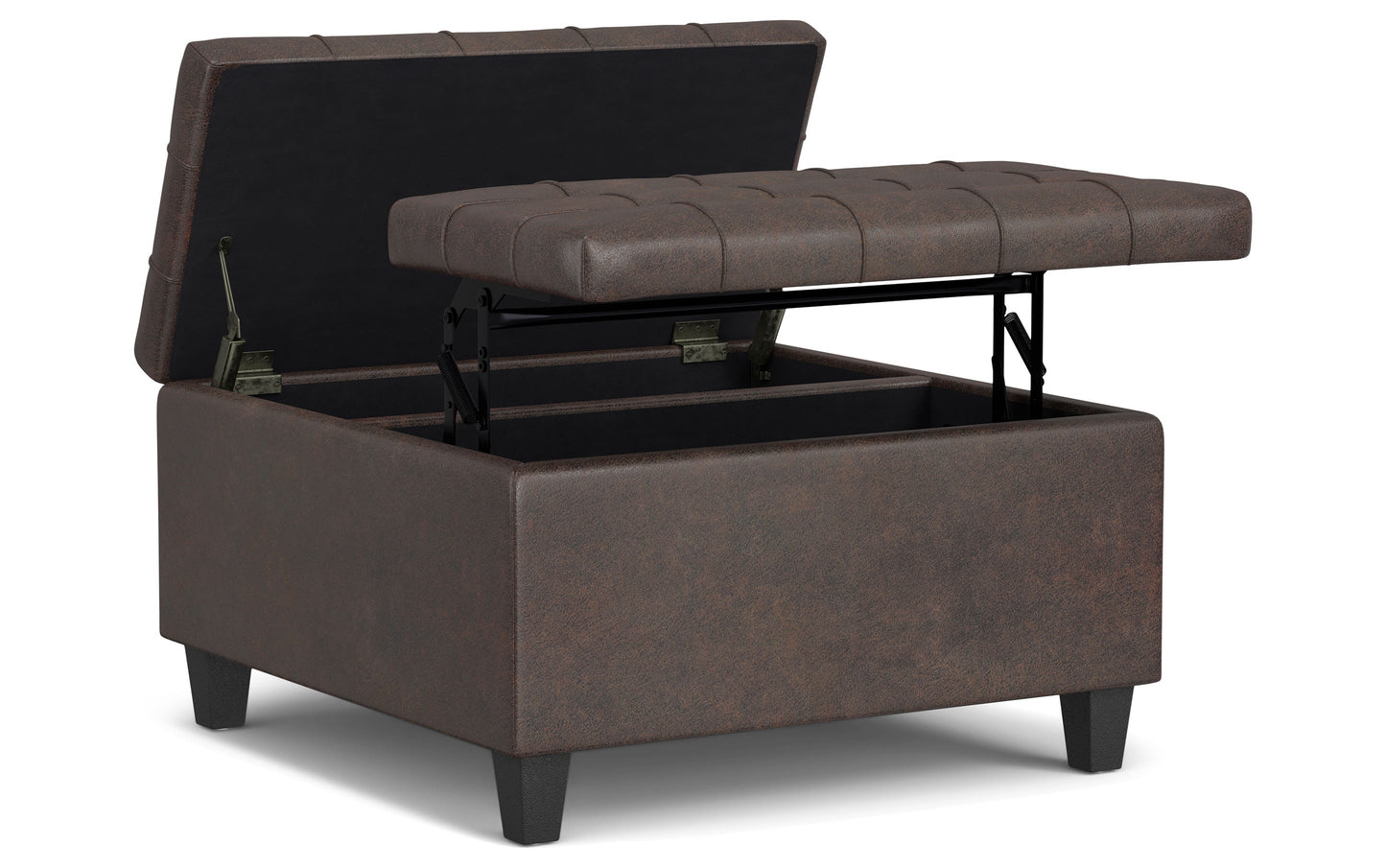 Distressed Brown Distressed Vegan Leather | Harrison Small Square Coffee Table Storage Ottoman in Distressed Vegan Leather