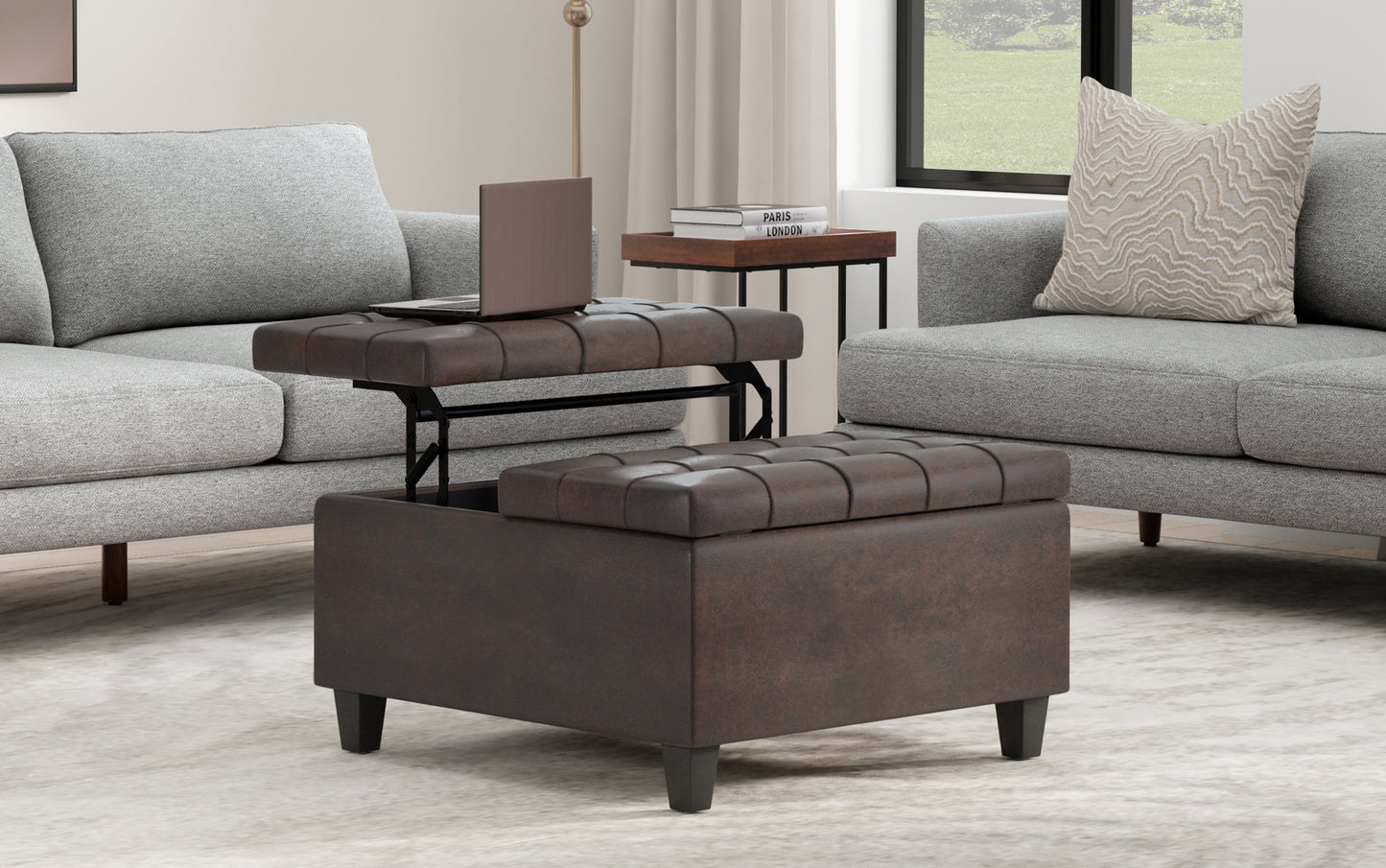 Distressed Brown Distressed Vegan Leather | Harrison Small Square Coffee Table Storage Ottoman in Distressed Vegan Leather