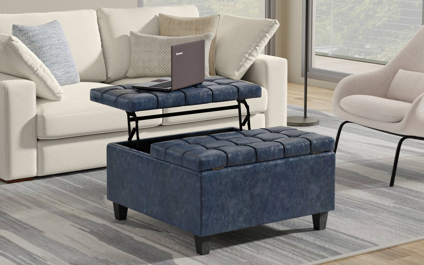 Denim Blue Vegan Leather | Harrison Small Square Coffee Table Storage Ottoman