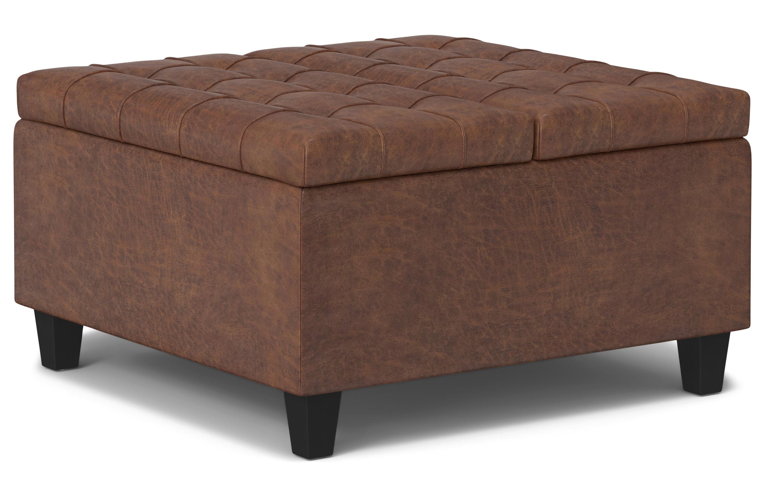 Distressed Saddle Brown Distressed Vegan Leather | Harrison Small Square Coffee Table Storage Ottoman in Distressed Vegan Leather