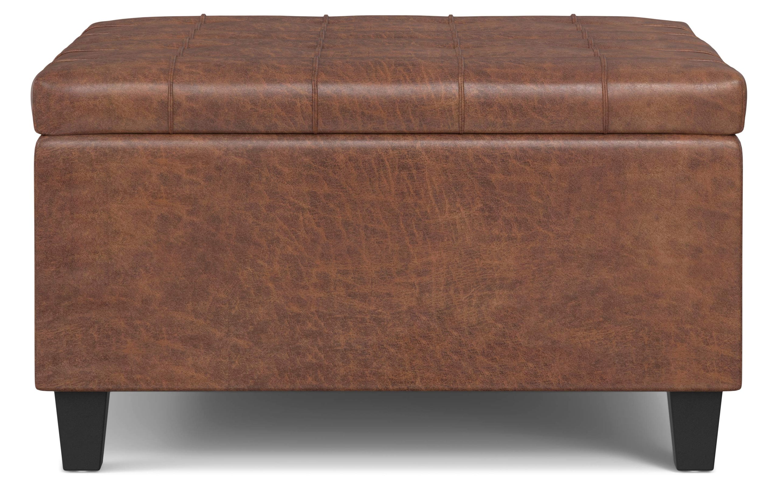 Distressed Saddle Brown Distressed Vegan Leather | Harrison Small Square Coffee Table Storage Ottoman in Distressed Vegan Leather