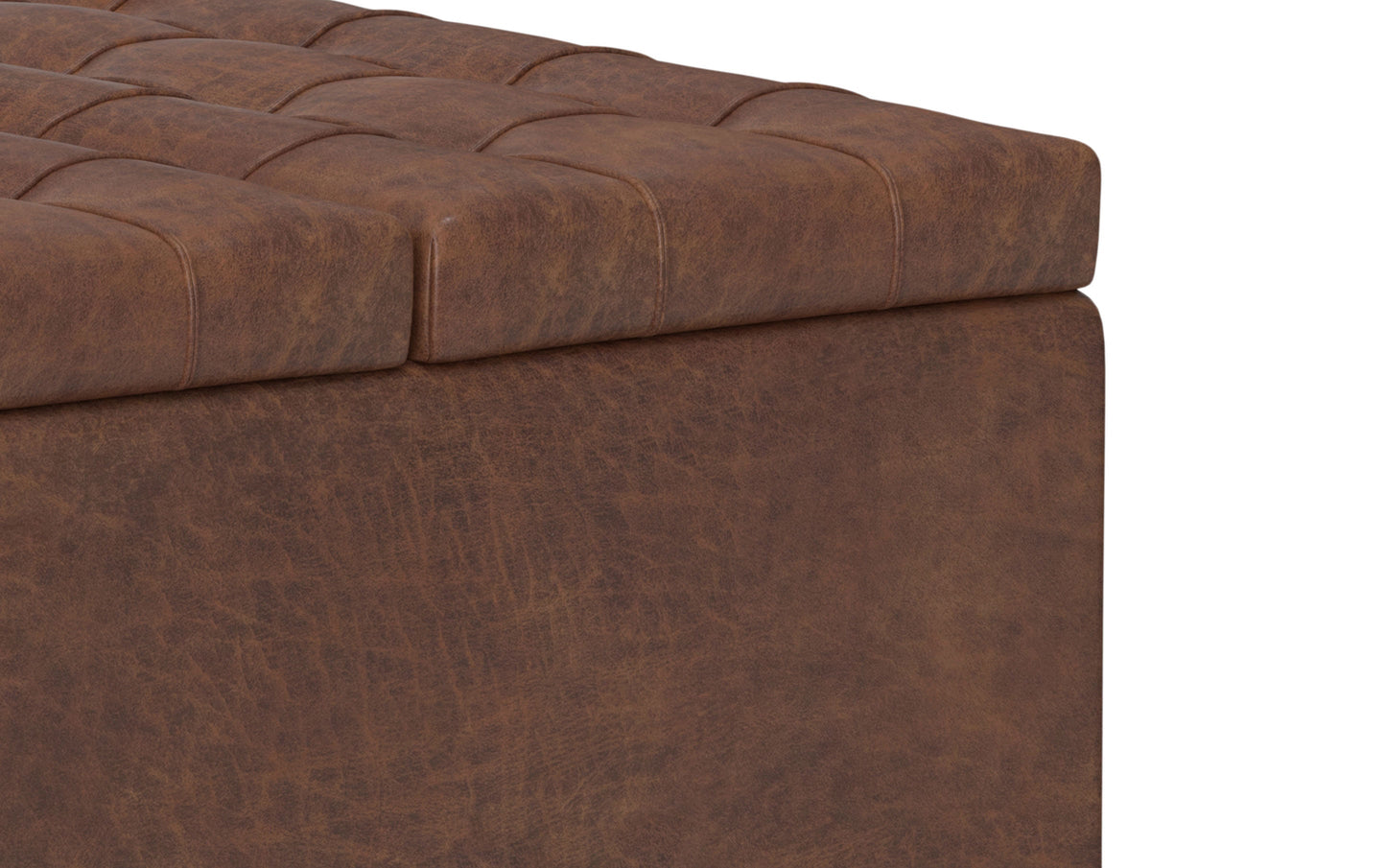 Distressed Saddle Brown Distressed Vegan Leather | Harrison Small Square Coffee Table Storage Ottoman in Distressed Vegan Leather