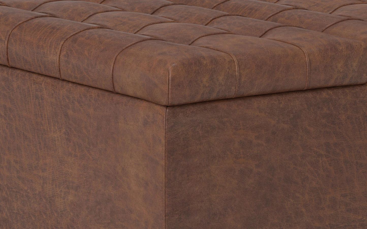 Distressed Saddle Brown Distressed Vegan Leather | Harrison Small Square Coffee Table Storage Ottoman in Distressed Vegan Leather