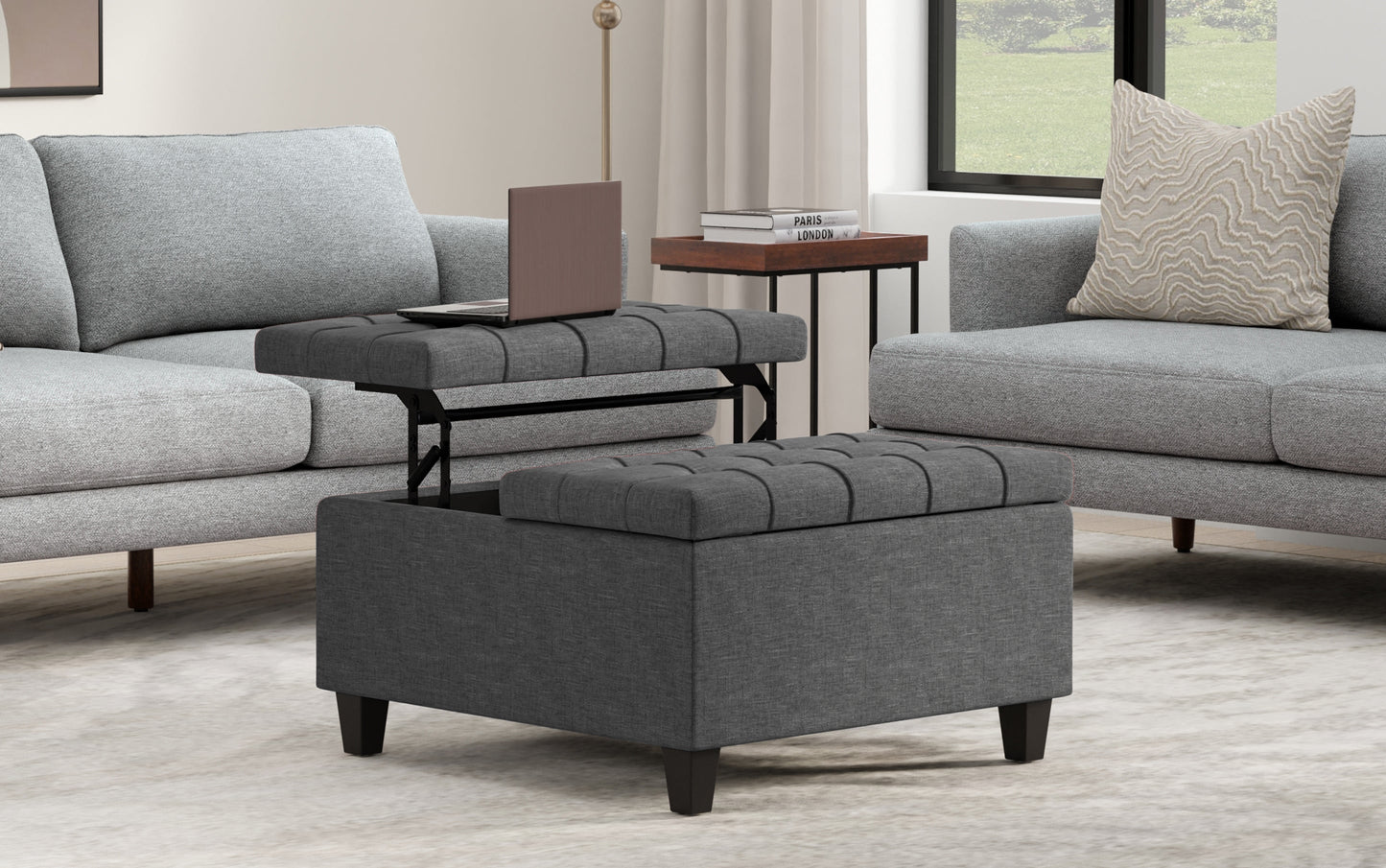 Slate Grey Linen Style Fabric | Harrison Small Square Coffee Table Storage Ottoman