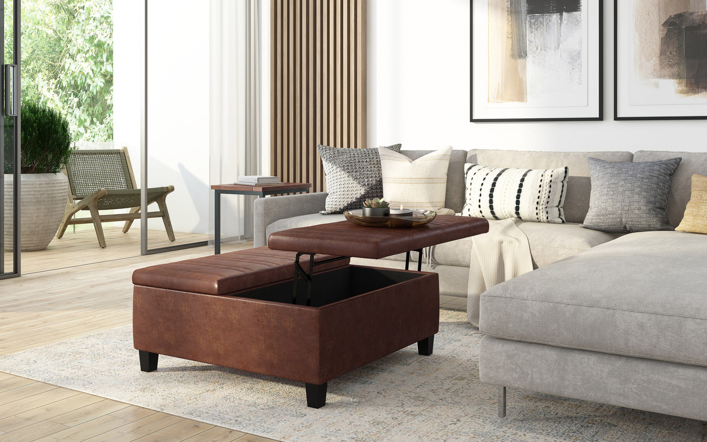 Distressed Saddle Brown Distressed Vegan Leather | Ellis Table Ottoman in Distressed Vegan Leather