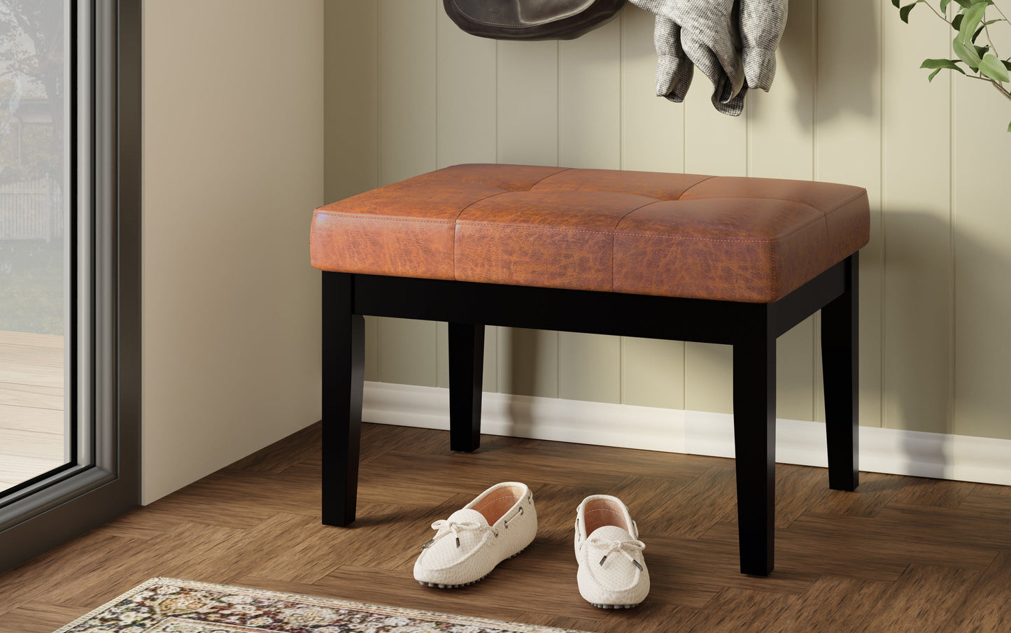 Distressed Saddle Brown Vegan Leather | Lacey Small Tufted Ottoman Bench