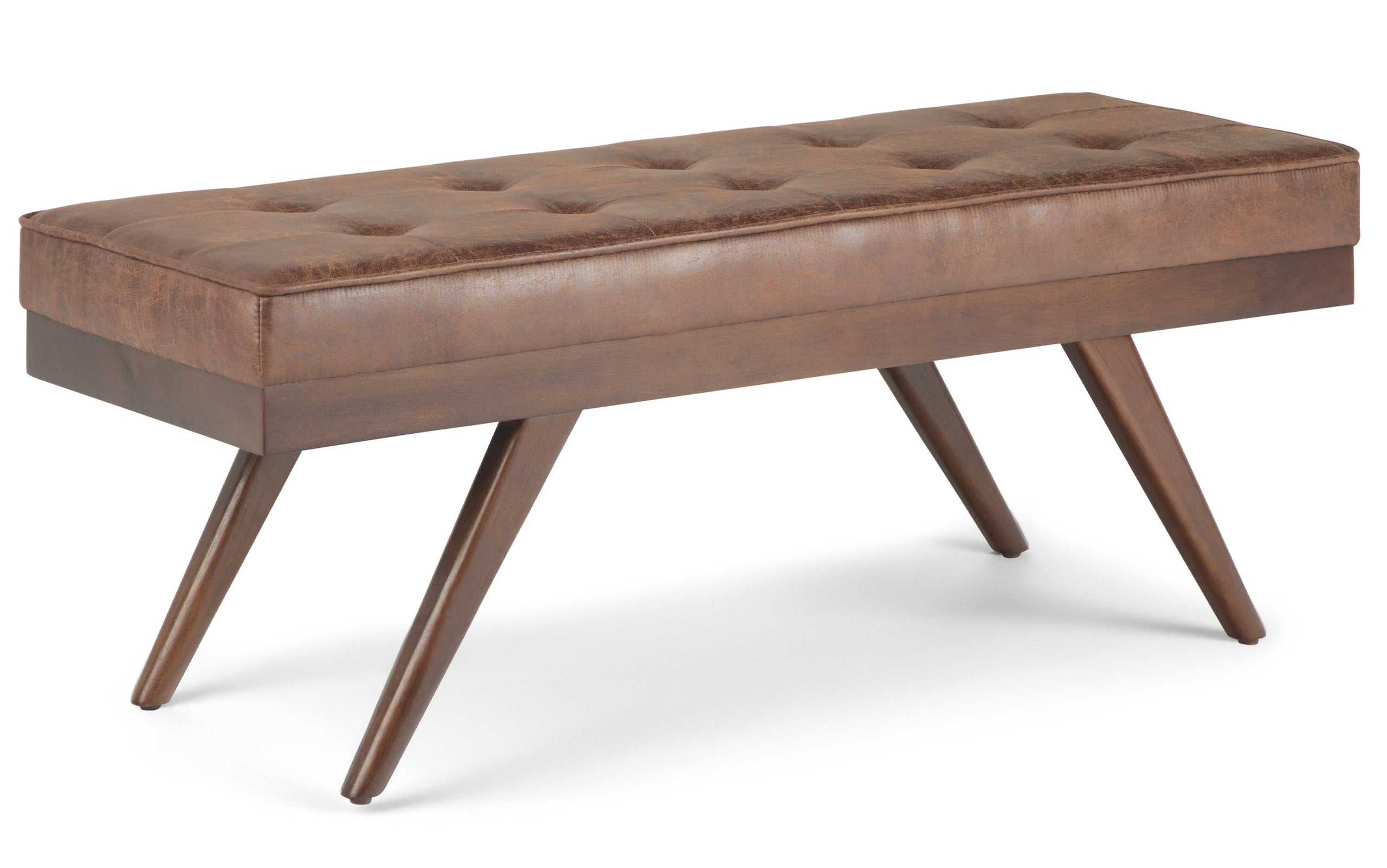 Distressed Umber Brown Distressed Vegan Leather | Pierce Mid Century Ottoman Bench