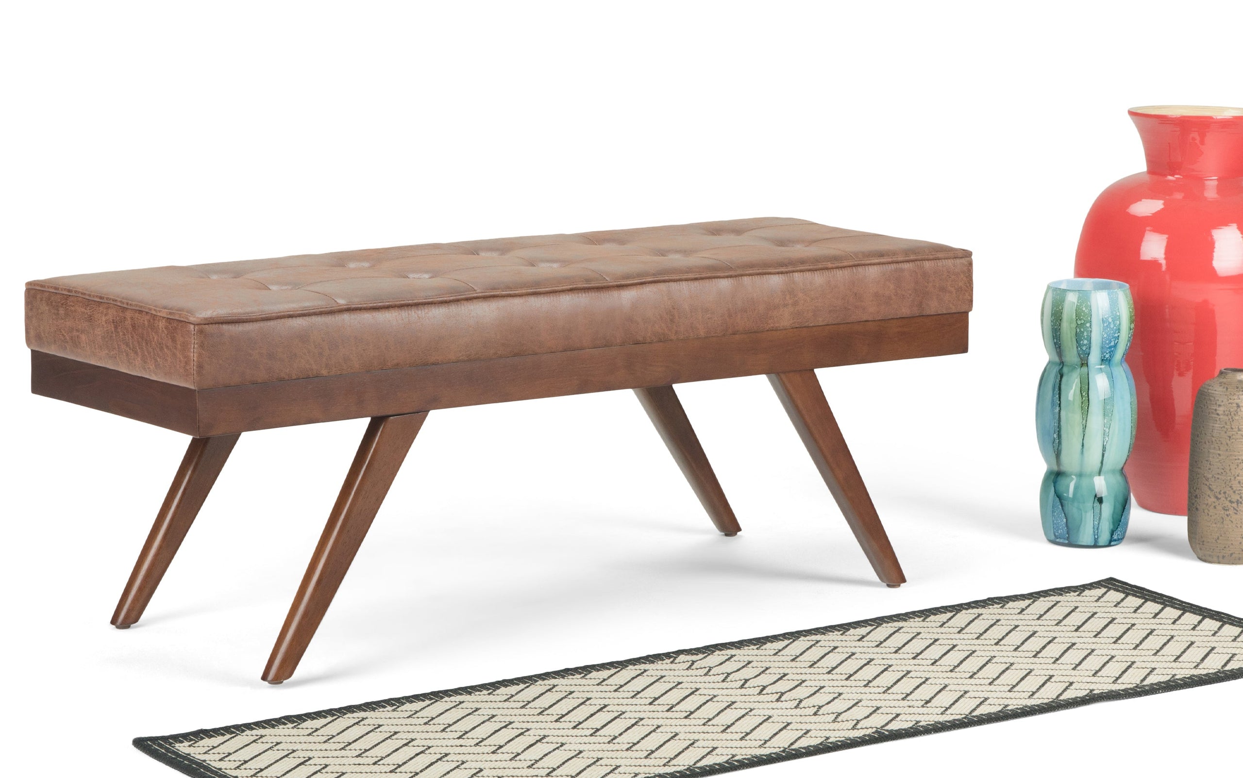 Distressed Umber Brown Distressed Vegan Leather | Pierce Mid Century Ottoman Bench