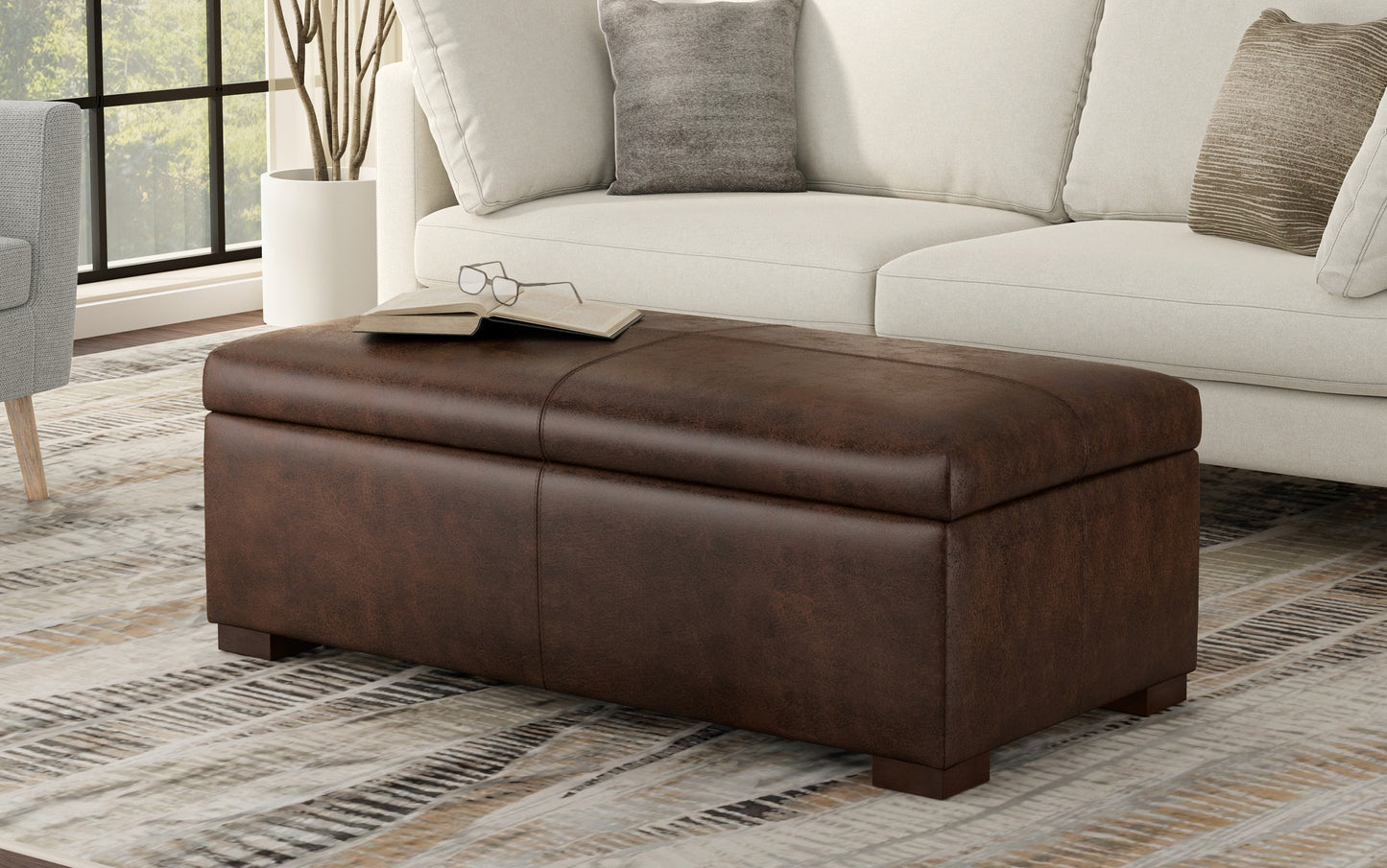 Distressed Chestnut Brown Vegan Leather | Gabbie Rectangular Storage Ottoman