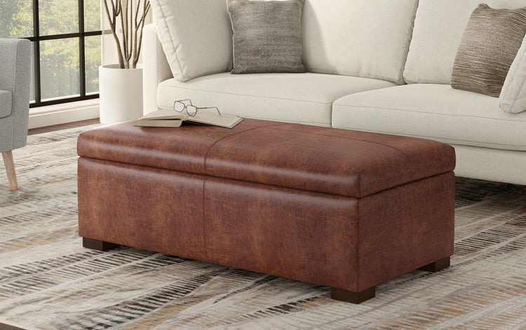 Distressed Saddle Brown Vegan Leather | Gabbie Rectangular Storage Ottoman