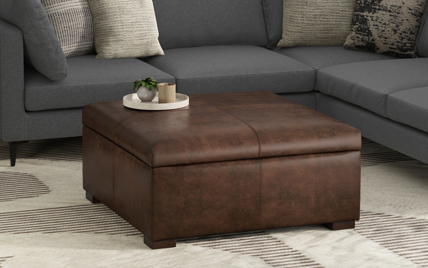 Distressed Chestnut Brown Distressed Vegan Leather | Gabbie Square Coffee Table Storage Ottoman