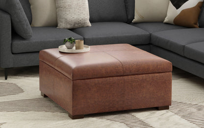 Distressed Saddle Brown Distressed Vegan Leather | Gabbie Square Coffee Table Storage Ottoman