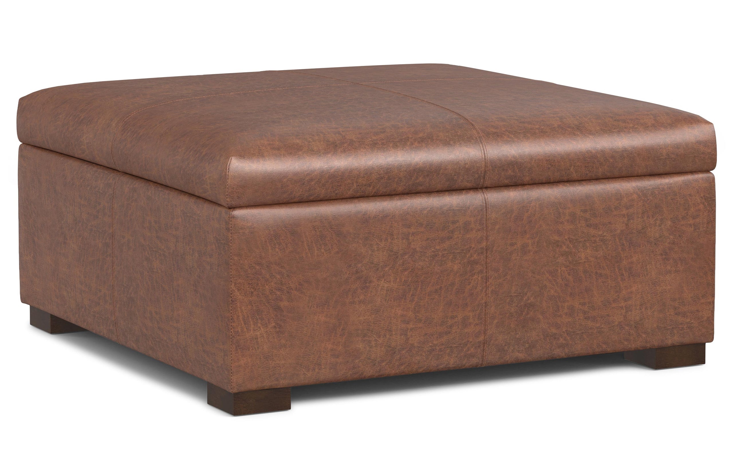 Distressed Saddle Brown Distressed Vegan Leather | Gabbie Square Coffee Table Storage Ottoman