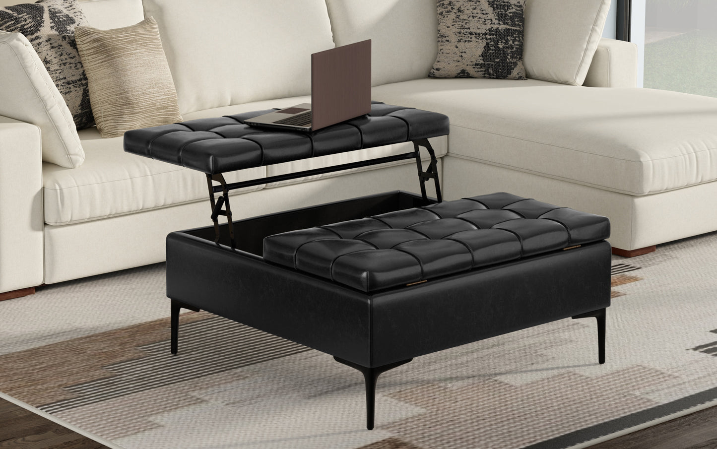 Midnight Black Vegan Leather | Laura Lift Top Storage Ottoman