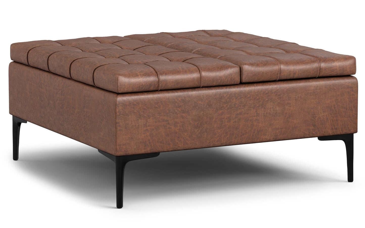 Distressed Saddle Brown Vegan Leather | Laura Lift Top Storage Ottoman