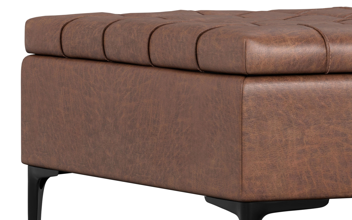 Distressed Saddle Brown Vegan Leather | Laura Lift Top Storage Ottoman