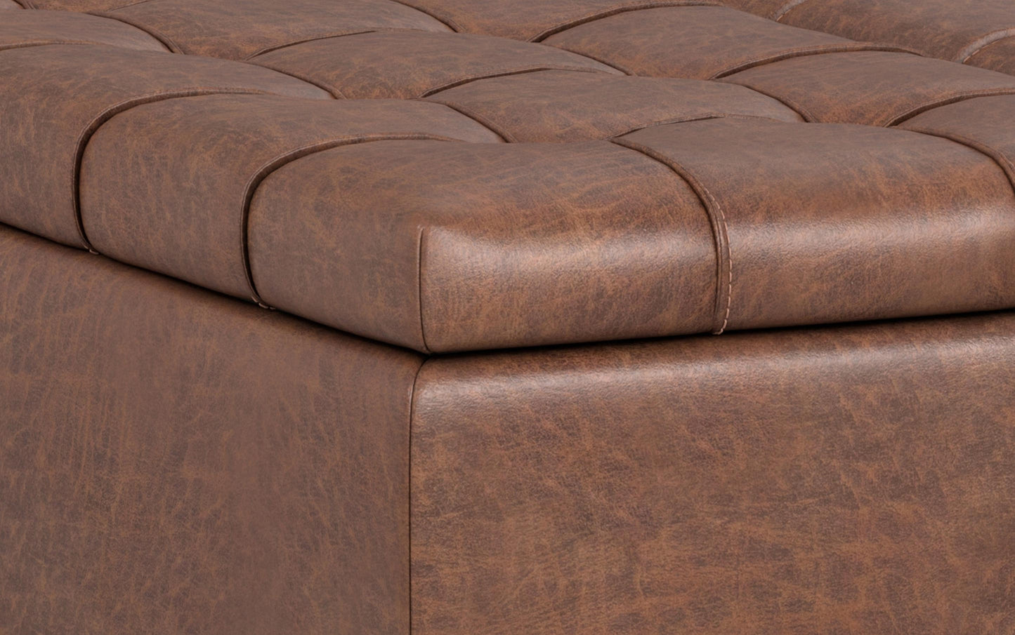 Distressed Saddle Brown Vegan Leather | Laura Lift Top Storage Ottoman