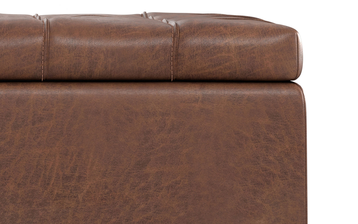 Distressed Saddle Brown Vegan Leather | Laura Lift Top Storage Ottoman