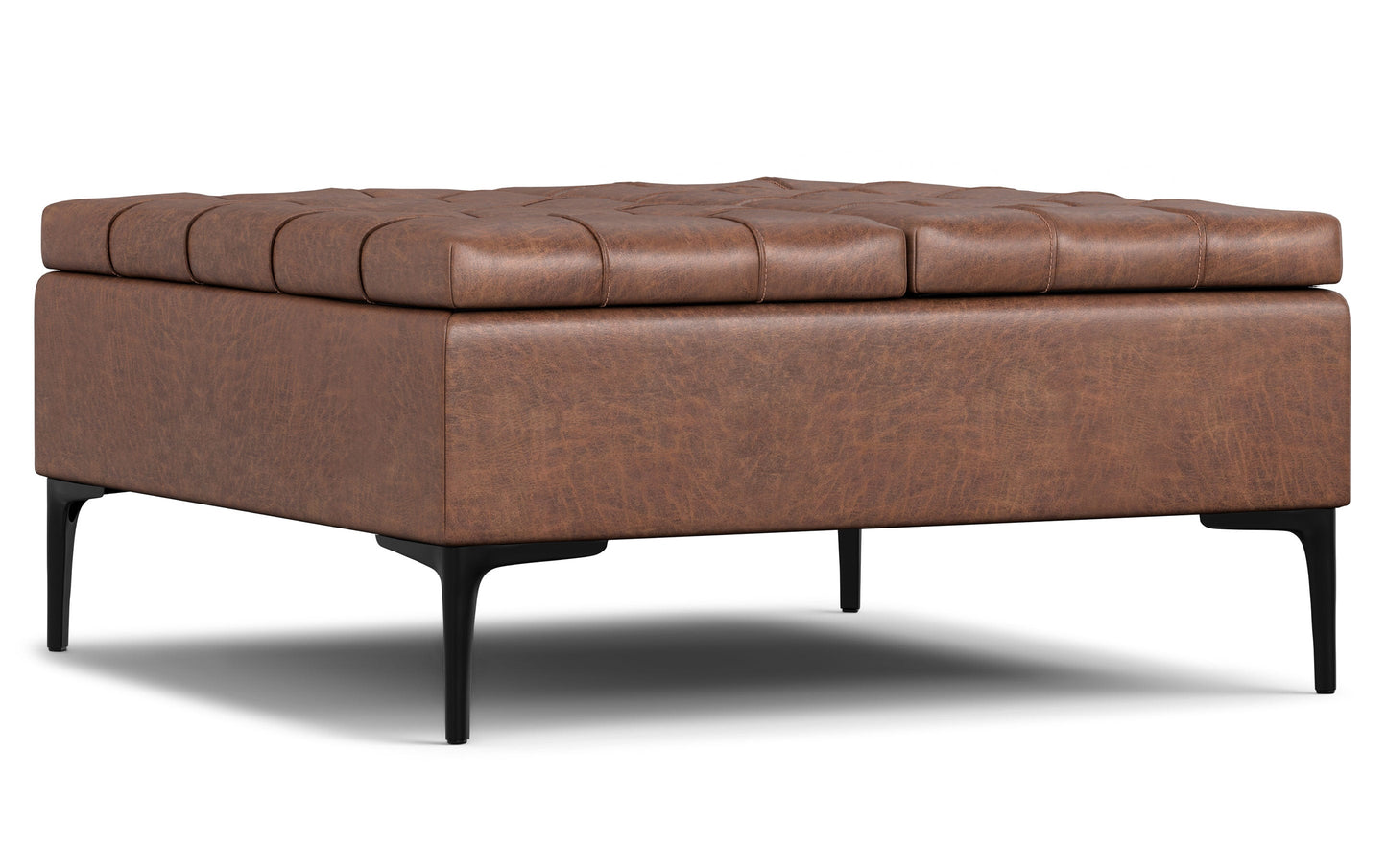 Distressed Saddle Brown Vegan Leather | Laura Lift Top Storage Ottoman